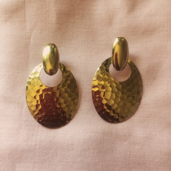 Vintage Gold Hammered Hoop Earrings - Picture 2 of 2